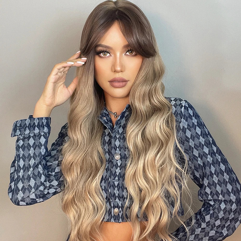 ALAN EATON Light Brown Wig with Bangs Brown Ombre Long Wavy Wig Synthetic Wigs for Natural Daily Wear Party Heat Resistant Fiber