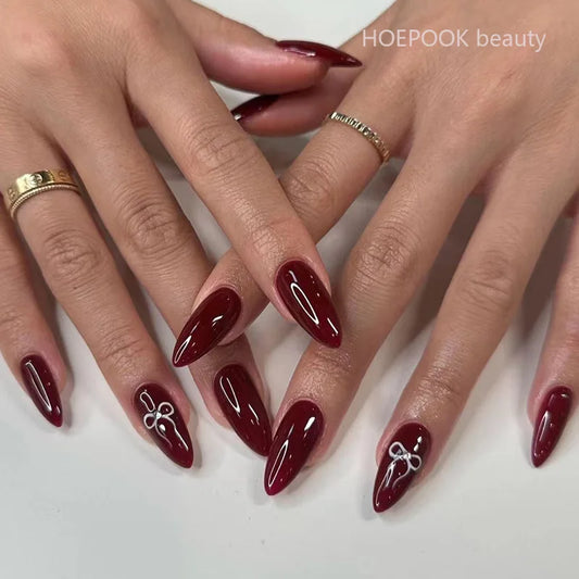 24pcs Burgundy Valentine's Day Fake Nails Bow Dot Diamond Design False Nails Art Removable Waterproof Artificial Press on Nail