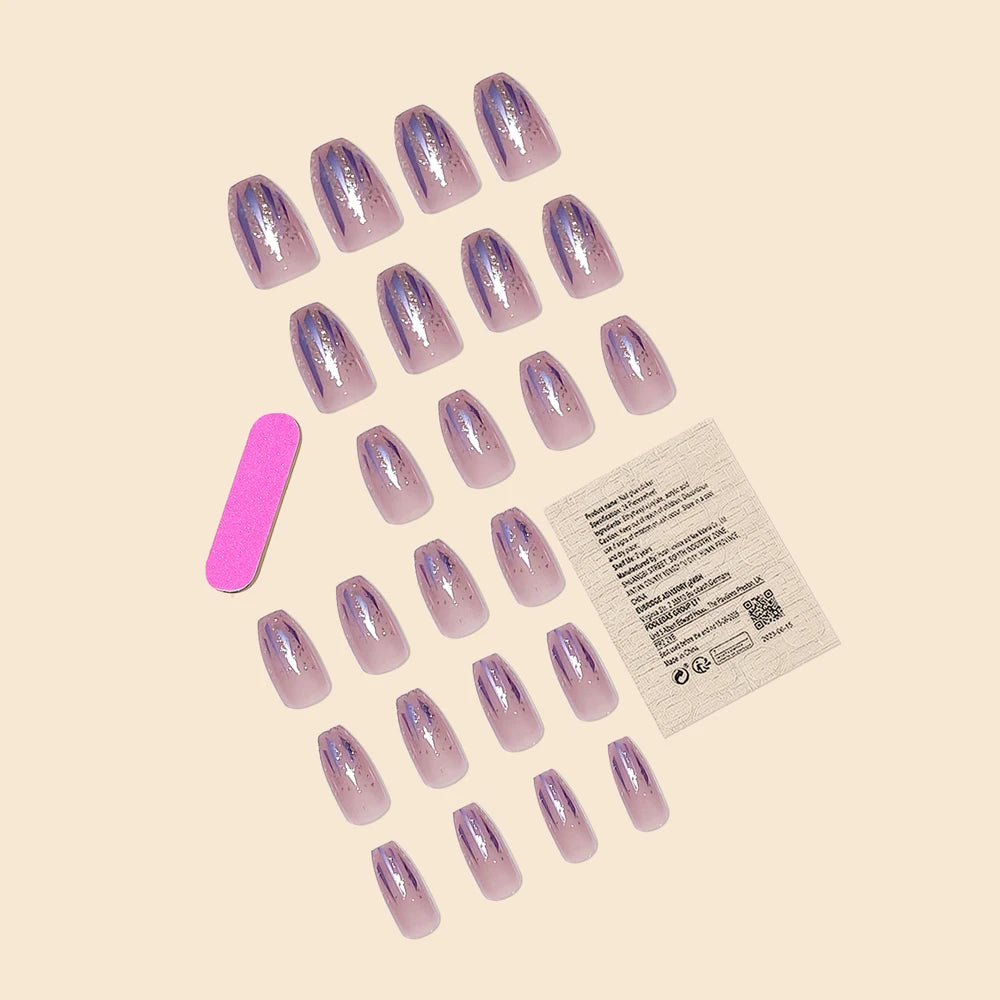 Trend Fashion Women Girls 24Pcs/Set Medium Coffin Shaped French Glitter Powder Star Stripe Wearable Fake Nail Press on Nail Art