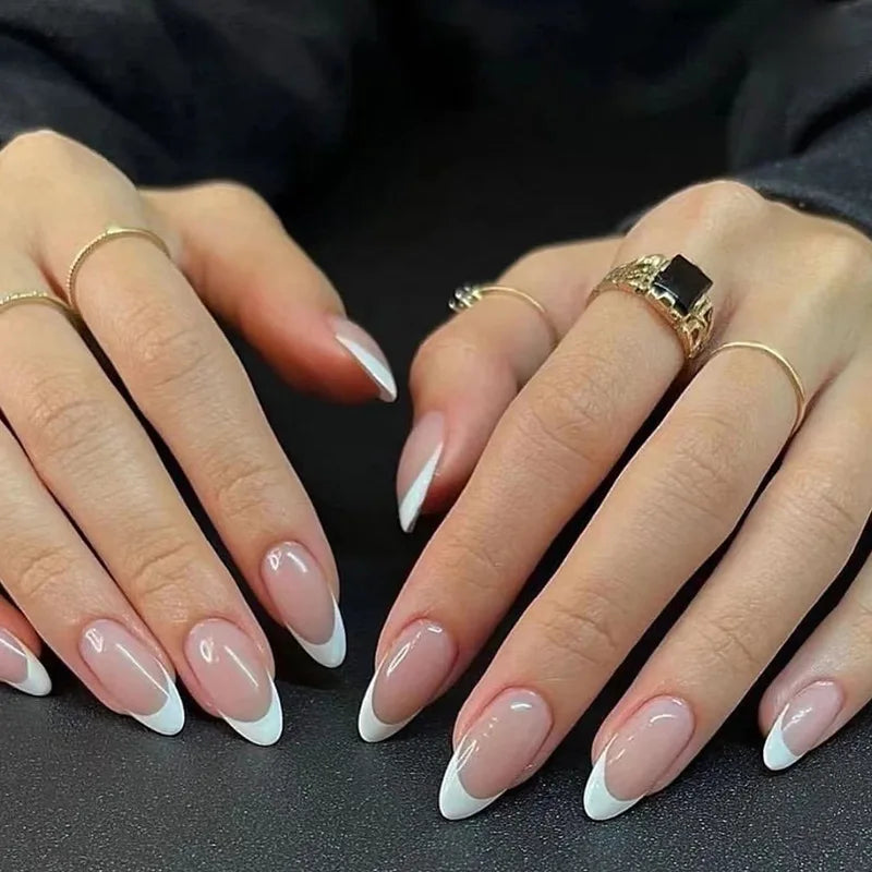 24Pcs Almond Fake Nail with Beveled French Design Glitter Stripes False Nails Round Head Wearable Press on Nails Manicure Tips