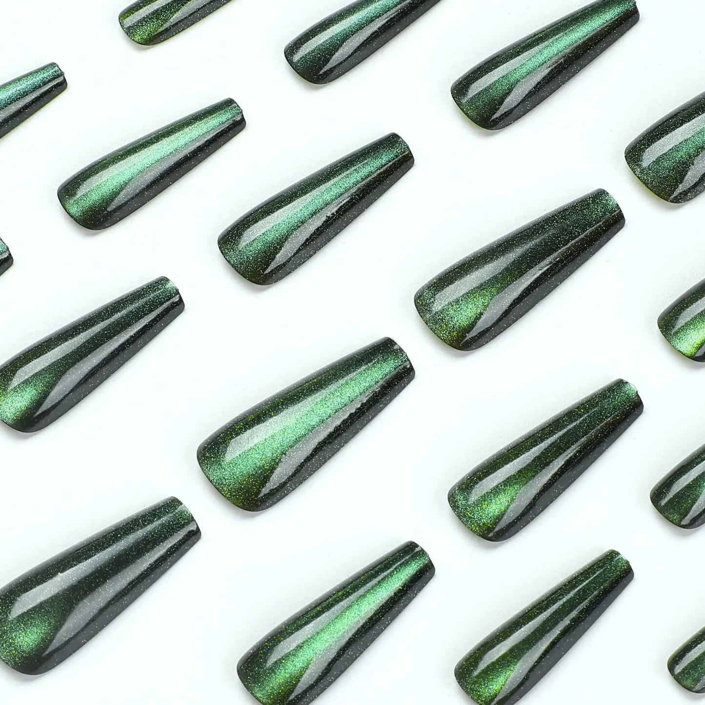 Glitter Fashion Green Cat Eye Wearable Long Ballet Fake Nails Detachable Full Cover Finished False Nails Press on Nail with Glue