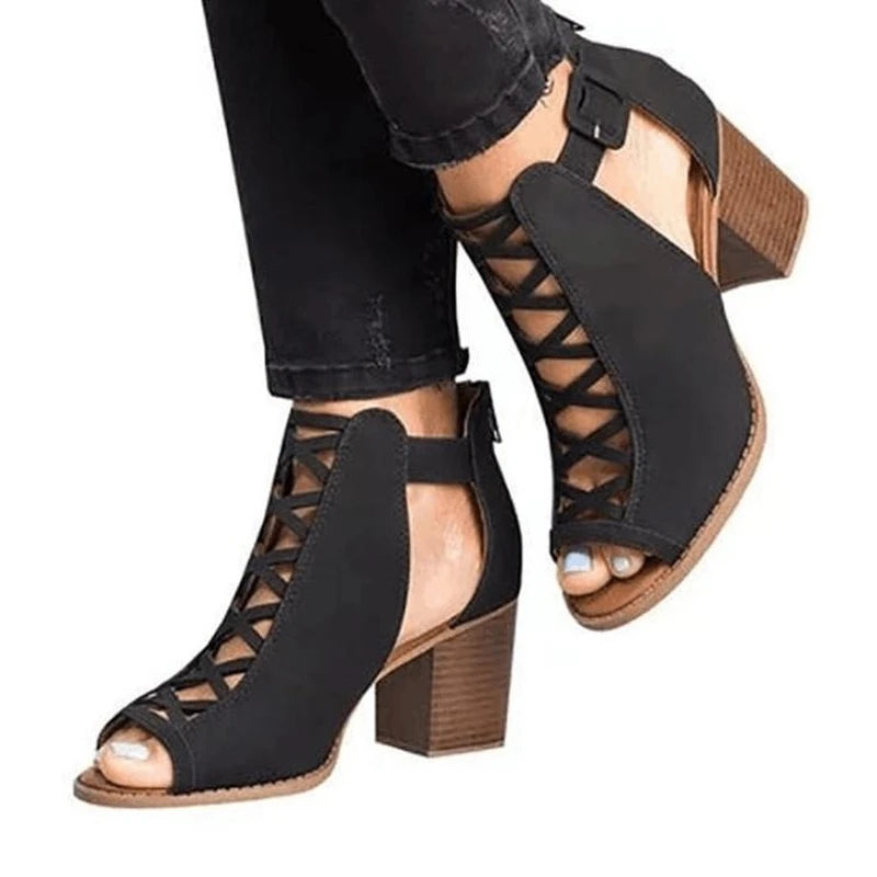 2023 New Spring Summer Sexy Casual Rome Ankle Boots Ladies Sandals Women's Shoes Middle High Heels Large Size 43 Black