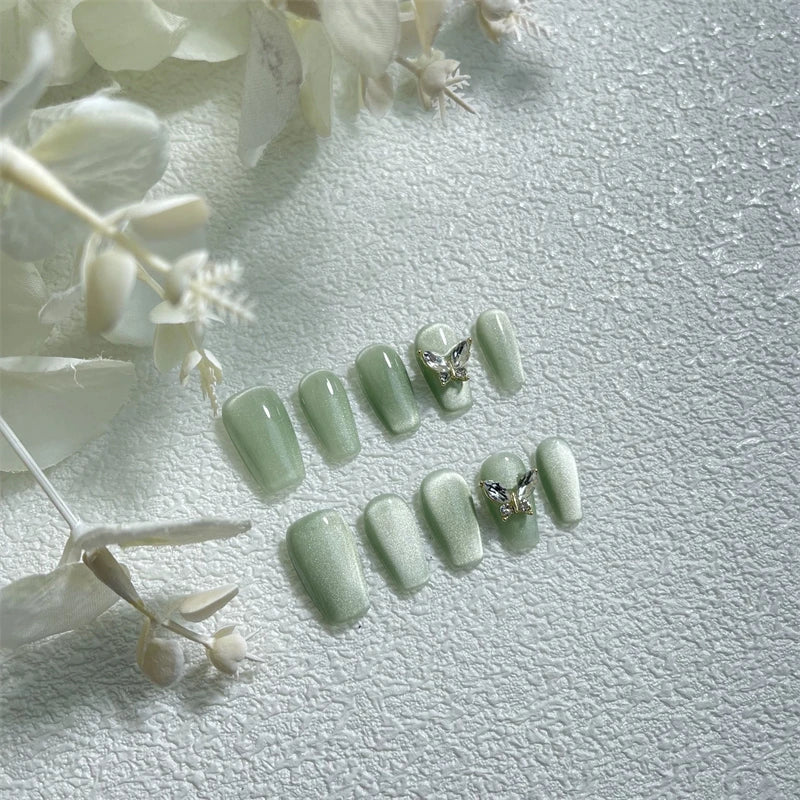 Short Green Handmade Cat Eye Press on Nails Glitter Wearable Coffin False Nails Full Cover Decoration Manicure Fake Nails Tips