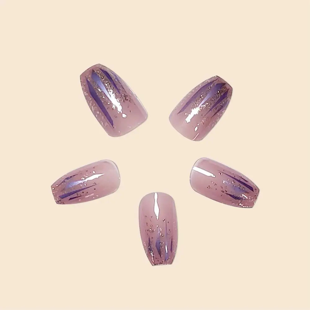 Trend Fashion Women Girls 24Pcs/Set Medium Coffin Shaped French Glitter Powder Star Stripe Wearable Fake Nail Press on Nail Art