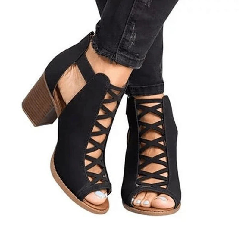 2023 New Spring Summer Sexy Casual Rome Ankle Boots Ladies Sandals Women's Shoes Middle High Heels Large Size 43 Black