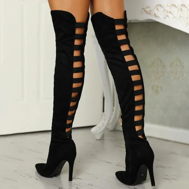 New Long Barrel High Heel Women's Boots 2023 Fashion Pointed Back Hollow Thin Heel Large Size 40-43 Women's Boots