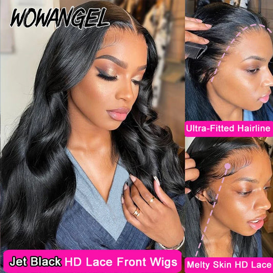 Wow Angel 250% Jet Black 13x6 HD Lace Front Human Hair Wigs Pre-Plucked Body Wave Brazilian Hair HD Transparent Lace Front Wig