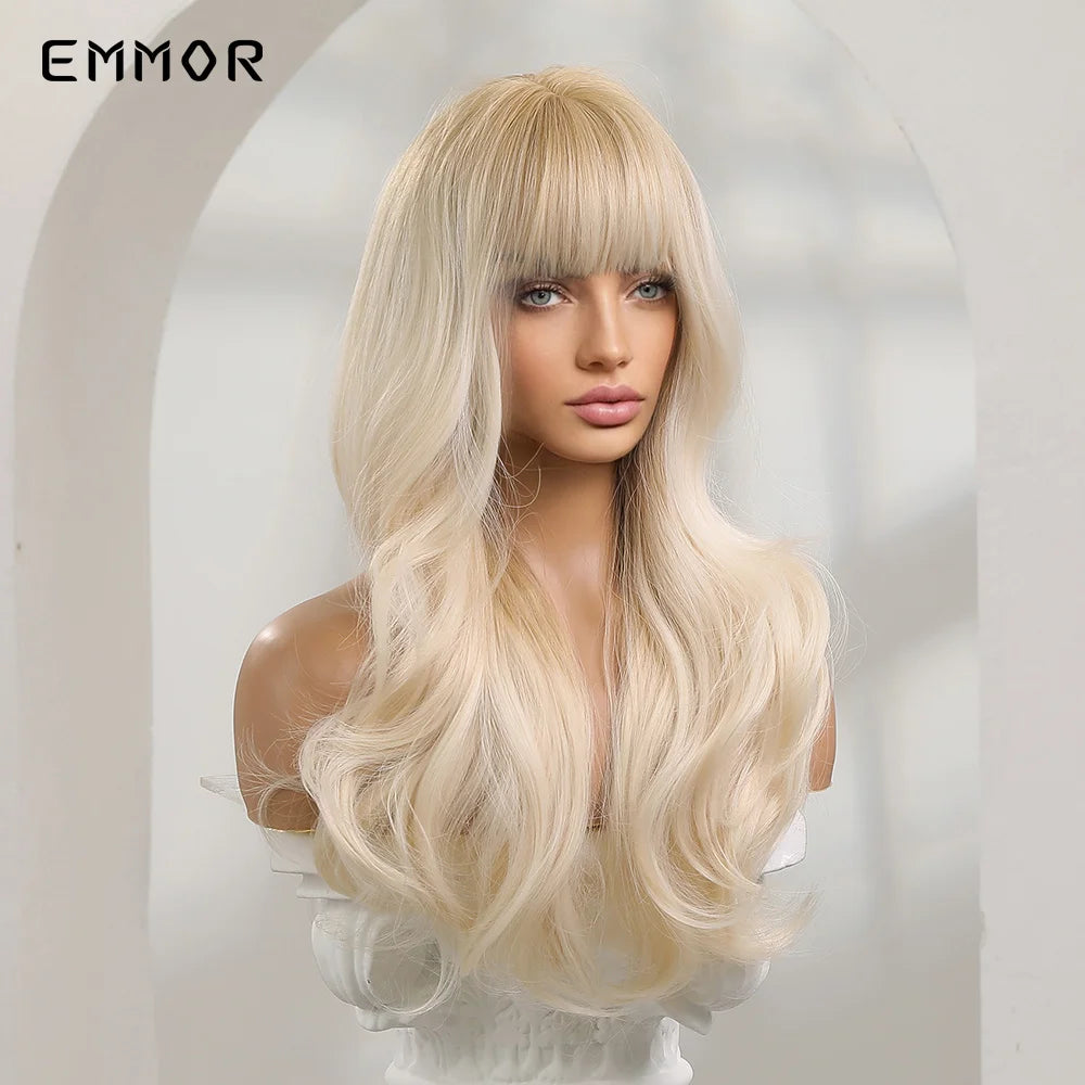 Emmor Synthetic Ombre Blonde Platinum Wigs Long  Wavy Wig  for Women with Bangs Party Daily Heat Resistant Fibre Hair Wigs