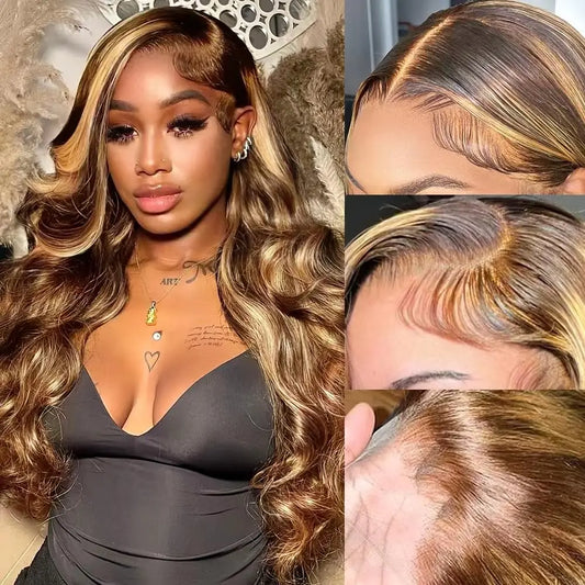 Highlight Wigs 13×6 HD Lace Front Wigs P4/27 Ombre 13x4 Body Wave  Preplucked Highlight Wigs 360 Full Human Hair Wigs For Women