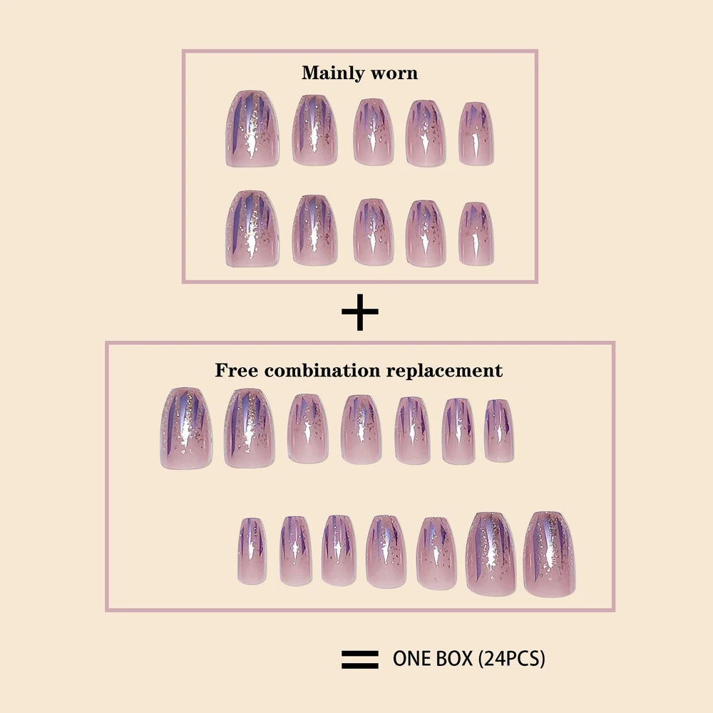 Trend Fashion Women Girls 24Pcs/Set Medium Coffin Shaped French Glitter Powder Star Stripe Wearable Fake Nail Press on Nail Art