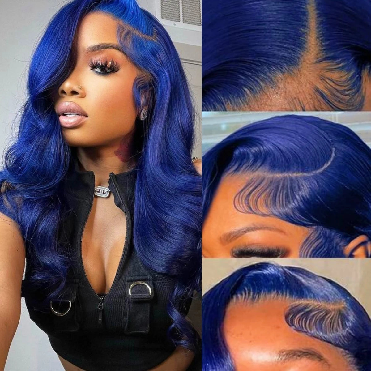Body Wave Navy Blue 13x4 Lace Front Human Hair Brazilian Color Blue HD Transparent Lace Front Wig For Women Pre Plucked