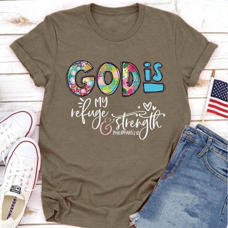 GOD IS Strength Print Women T Shirt Short Sleeve O Neck Loose Women Tshirt Ladies Tee Shirt Tops Clothes Camisetas Mujer