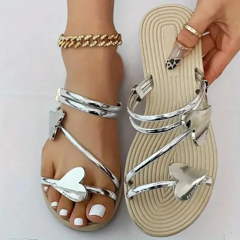 Elegant Women's Heart Flat Sandals Open Toe Woman Slippers Non Slip Shoes Outdoor Beach Slides Women Sandals Summer 2023 Size 43