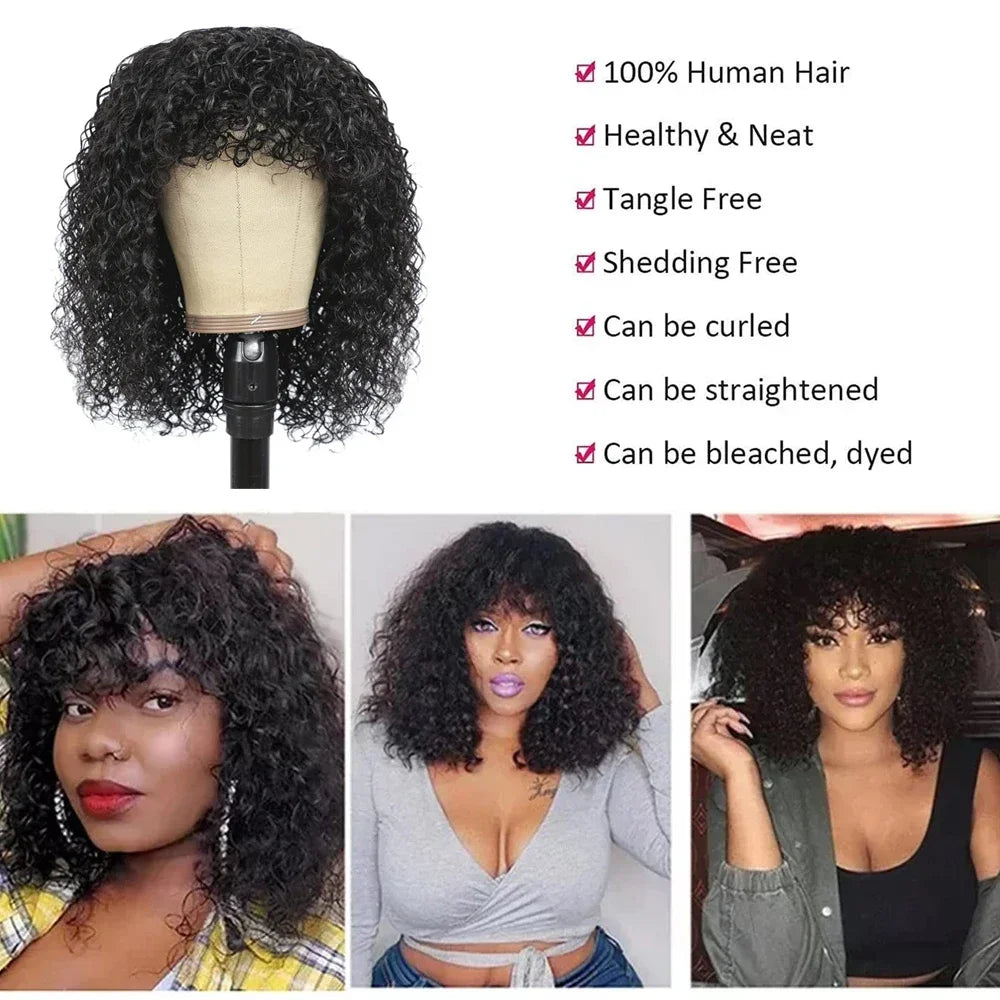 Jerry Curly Wig With Bangs 10A Brazilian Virgin Human Hair Glueless None Lace Front Wig Kinky Curly Human Hair For Black Women