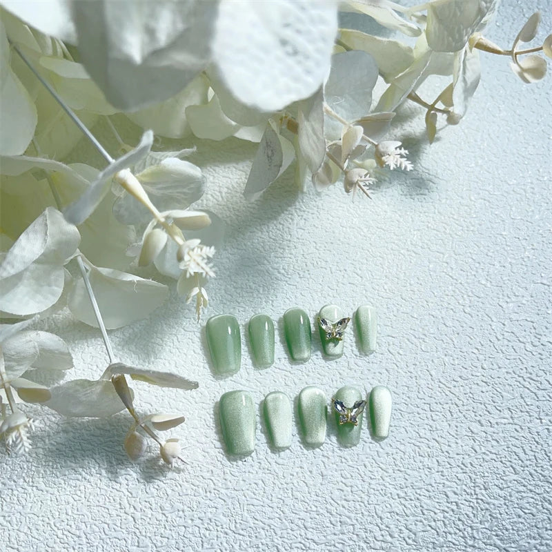 Short Green Handmade Cat Eye Press on Nails Glitter Wearable Coffin False Nails Full Cover Decoration Manicure Fake Nails Tips