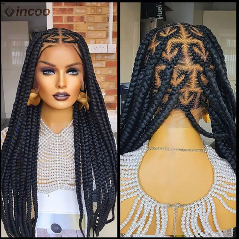 Incoo 36 Inches Synthetic Lace Braided Wigs Cornrow Braids Lace Wigs For Black Women Heart Box Braids Lace Wig On Sale Clearance