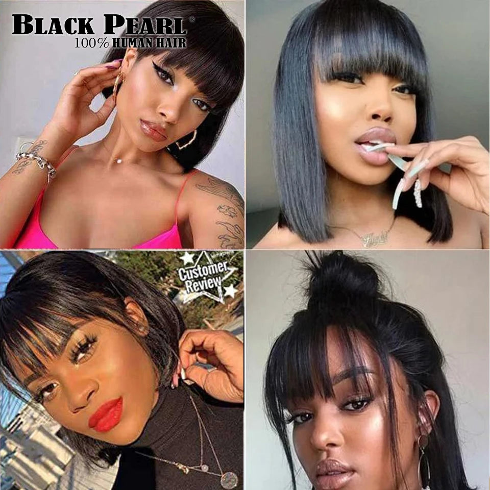 Straight Human Hair Wigs With Bangs 180 % Density Brazilian Human Hair Wigs for Women Machine Made Bob Wigs  Brazilian Remy Hair