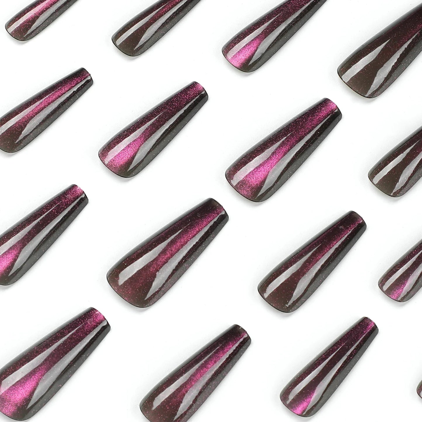 Glitter Fashion Raspberry Purple Cat Eye Wearable Long Ballet Fake Nails Full Cover Finished False Nails Press on Nail with Glue