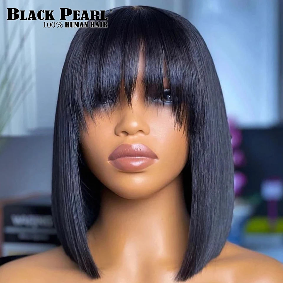 Straight Human Hair Wigs With Bangs 180 % Density Brazilian Human Hair Wigs for Women Machine Made Bob Wigs  Brazilian Remy Hair