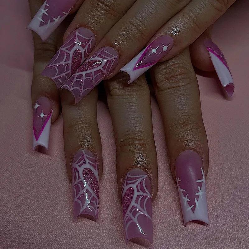 24pcs Long Ballet False Nail Full Cover Fake Nail Grey White Marble Design Nails Tip French Coffin Nails Press On Nails