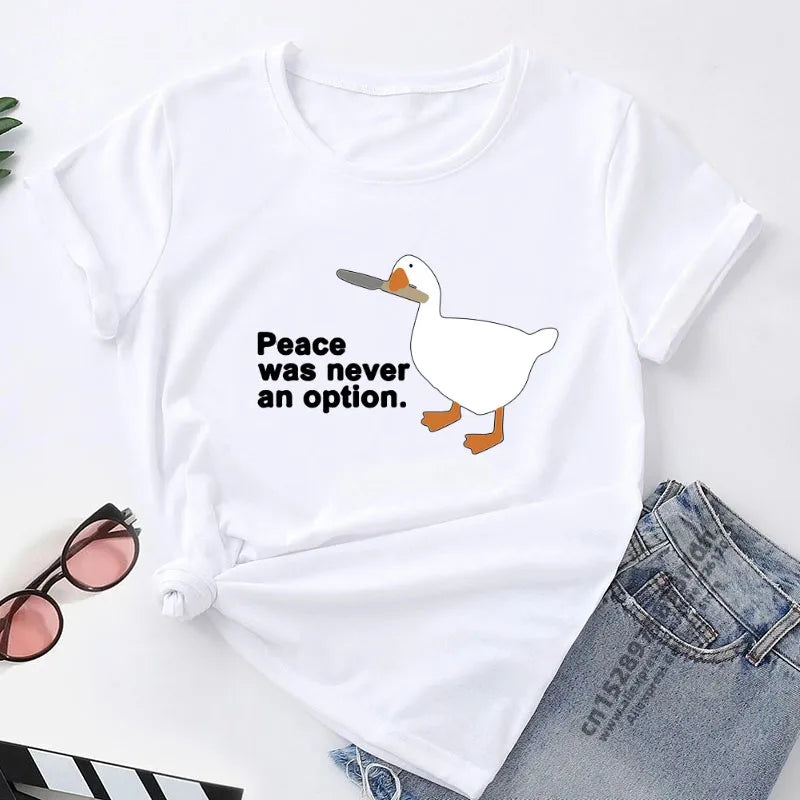 Peace Was Never An Option Kawaii Funny Print Women T Shirt Cool Street T-Shirt Soft Breathable Tee Clothes Vintage O-Neck Tshirt