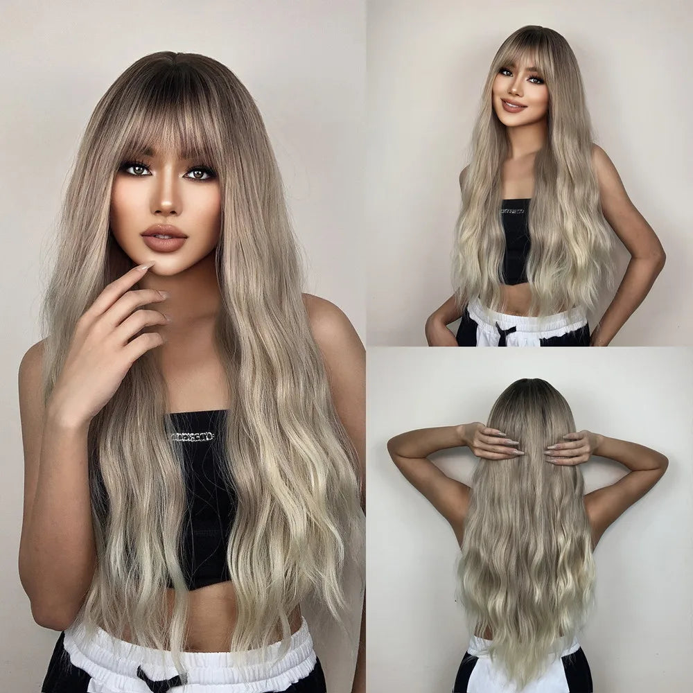 ALAN EATON Light Brown Wig with Bangs Brown Ombre Long Wavy Wig Synthetic Wigs for Natural Daily Wear Party Heat Resistant Fiber