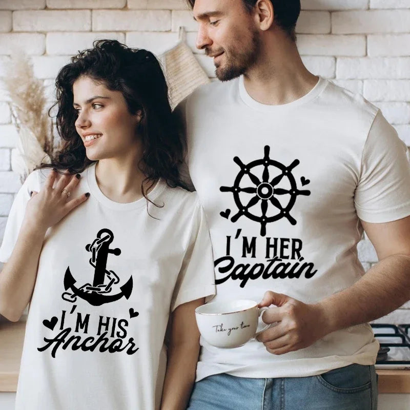 Matching Couples T Shirt I'm Her Captain His Ancho Print TShirt Unisex Husband Wife Lovers Shirts Romantic Couple Gift Tees Top