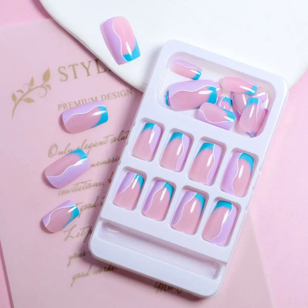 Wearable Manicure French Fake Nails Waterproof Medium Length Square Head Press on Nails Full Cover False Nail Girl