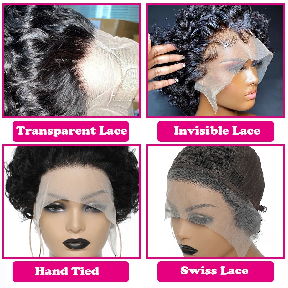 Short Curly Human Hair Wigs 1B/30 Burgundy Pixie Cut Wig 99J Cheap Human Hair Wig 13X1 Transparent Lace Wig For Women MYLOCKME