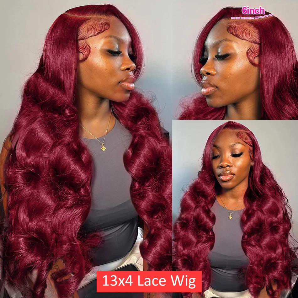 250 Density 99J Burgundy 13x4 13X6 HD Body Wave Lace Front Human Hair Wig 30 32 Inch Red Colored Frontal Wigs for Women