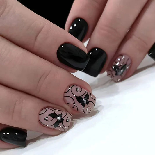 Press on Nails Black Butterfly French Fake Nails Rhinestone False Nail Patch Short Ballet Full Cover Artificial Art Nail Tip