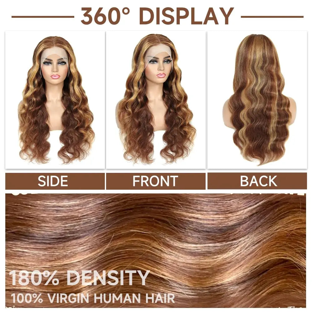 Highlight Wigs 13×6 HD Lace Front Wigs P4/27 Ombre 13x4 Body Wave  Preplucked Highlight Wigs 360 Full Human Hair Wigs For Women