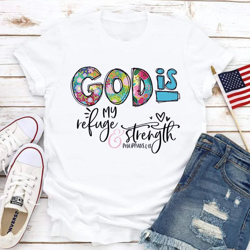 GOD IS Strength Print Women T Shirt Short Sleeve O Neck Loose Women Tshirt Ladies Tee Shirt Tops Clothes Camisetas Mujer
