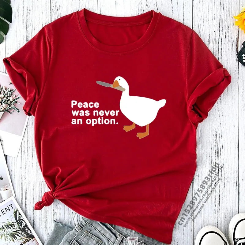 Peace Was Never An Option Kawaii Funny Print Women T Shirt Cool Street T-Shirt Soft Breathable Tee Clothes Vintage O-Neck Tshirt