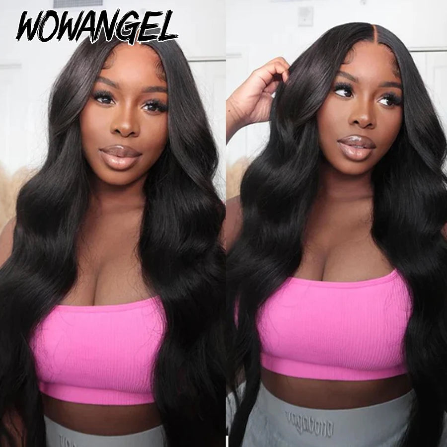 Wow Angel 250% Jet Black 13x6 HD Lace Front Human Hair Wigs Pre-Plucked Body Wave Brazilian Hair HD Transparent Lace Front Wig