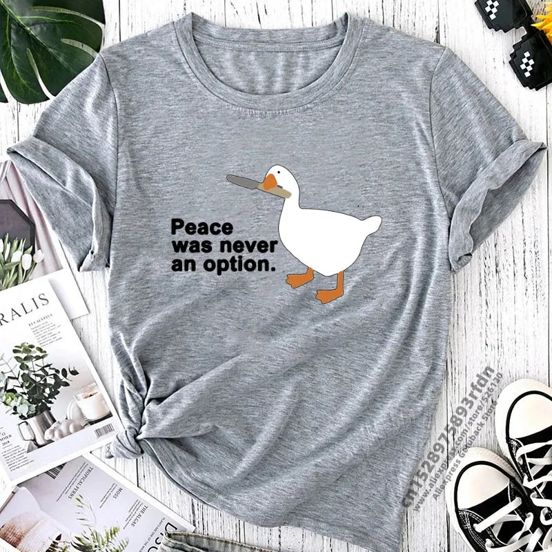Peace Was Never An Option Kawaii Funny Print Women T Shirt Cool Street T-Shirt Soft Breathable Tee Clothes Vintage O-Neck Tshirt