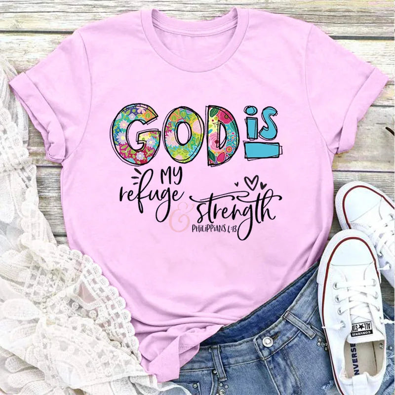 GOD IS Strength Print Women T Shirt Short Sleeve O Neck Loose Women Tshirt Ladies Tee Shirt Tops Clothes Camisetas Mujer