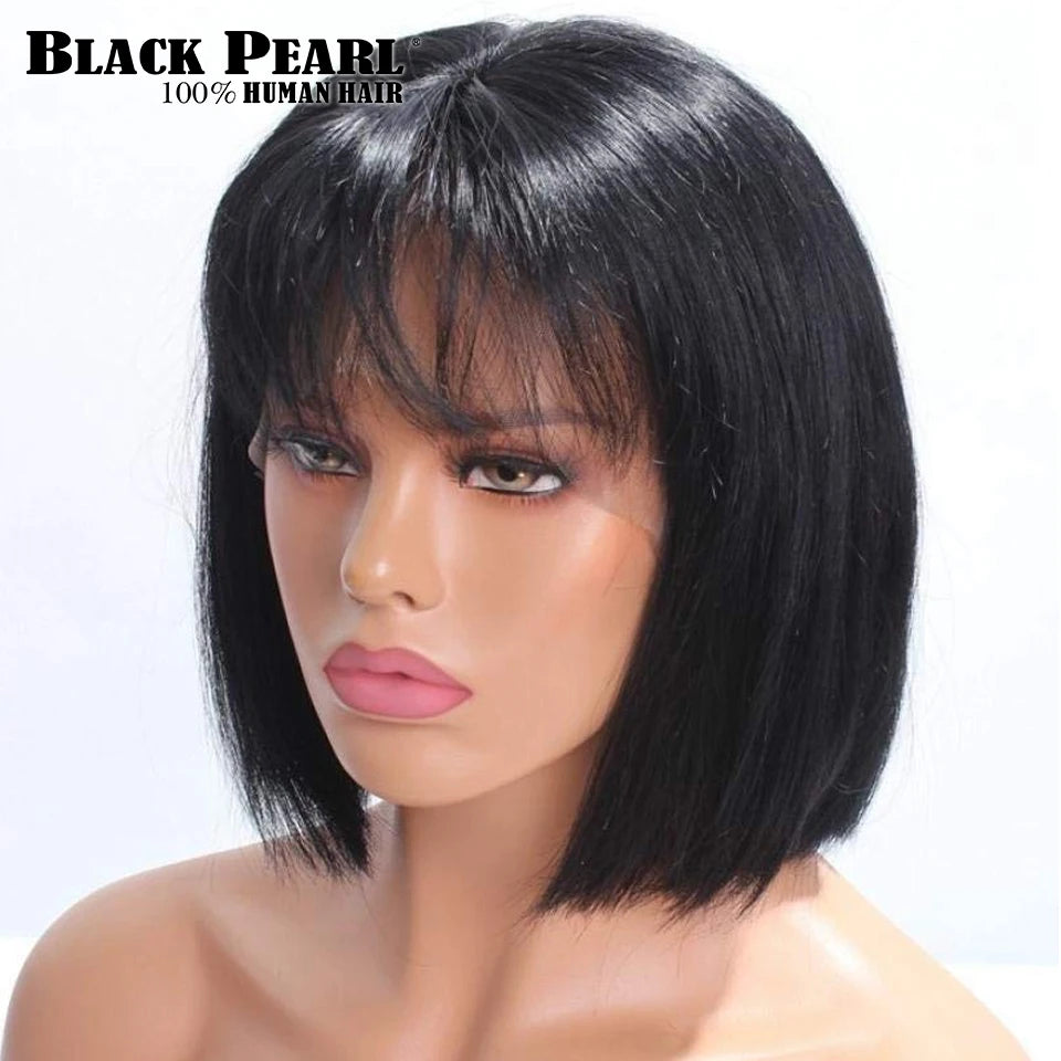 Straight Human Hair Wigs With Bangs 180 % Density Brazilian Human Hair Wigs for Women Machine Made Bob Wigs  Brazilian Remy Hair