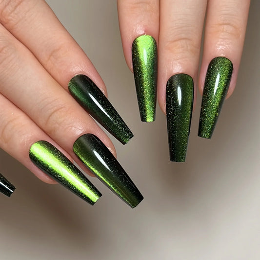 Glitter Fashion Green Cat Eye Wearable Long Ballet Fake Nails Detachable Full Cover Finished False Nails Press on Nail with Glue