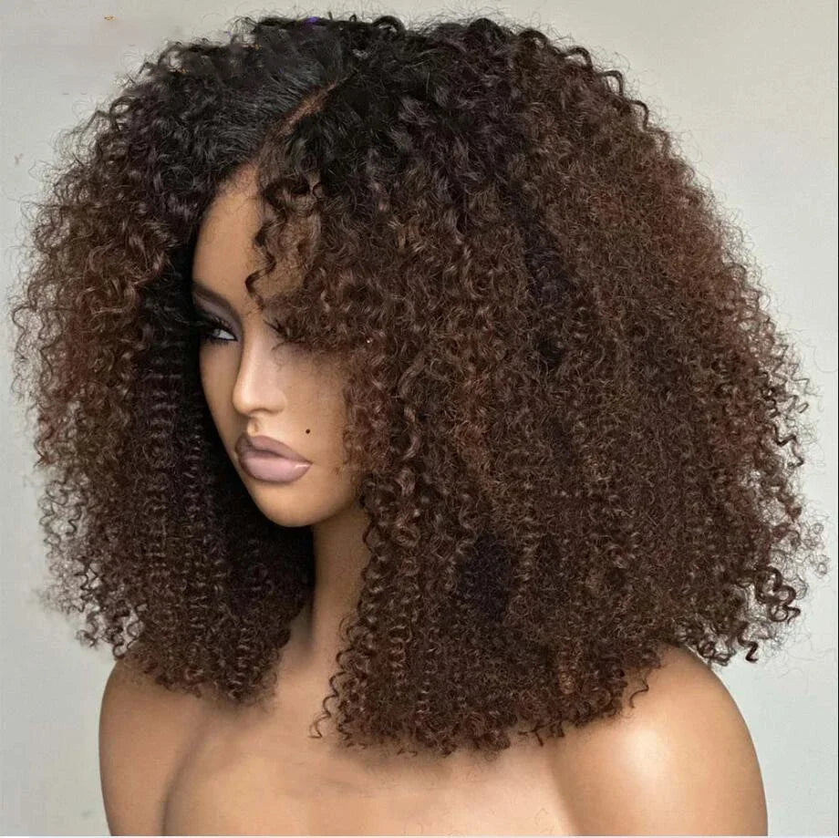 26Inch Ombre Brown Soft 180Density Kinky Curly Lace Front Wig For Women BabyHair Preplucked Glueless Heat Resistant Synthetic