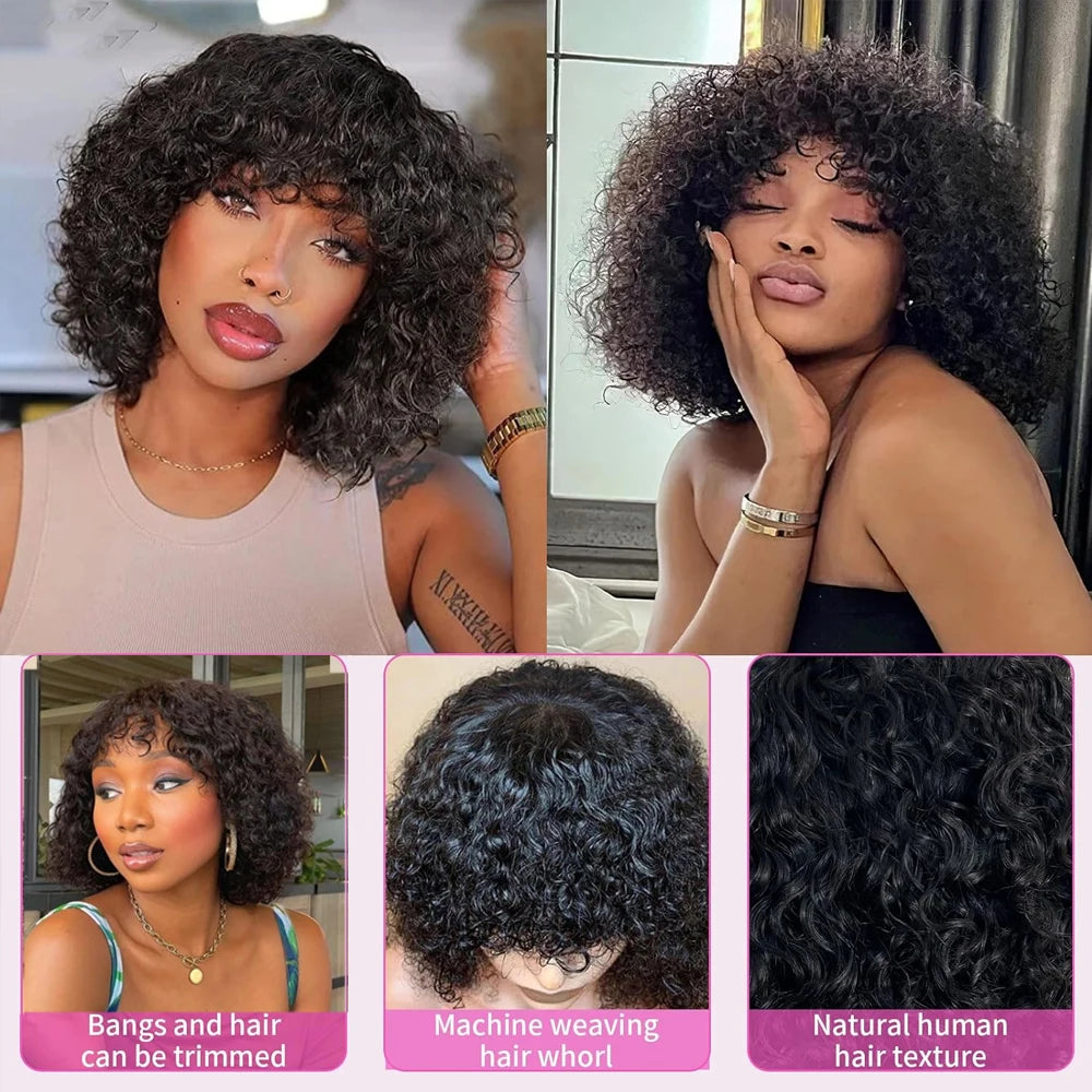 Jerry Curly Wig With Bangs 10A Brazilian Virgin Human Hair Glueless None Lace Front Wig Kinky Curly Human Hair For Black Women