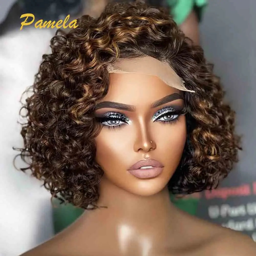 Highlight Blonde Short Bob Glueless Wig Human Hair Ready To Go Colored Curly Bob 13x4 Transparent Lace Front Wig For Women