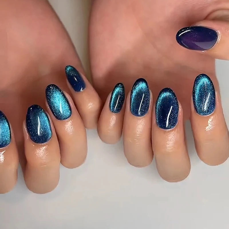 Glitter Blue Gradient Cat Eye Wearable Fake Nails Solid Color Fashion Detachable Finished False Nails Press on Nails with Glue