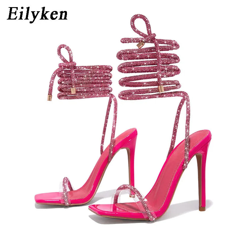 Eilyken Transparent Crystal Rhinestone Women Sandals Ankle Lace-up Square Toe Wedding Party High Heels Female Shoes