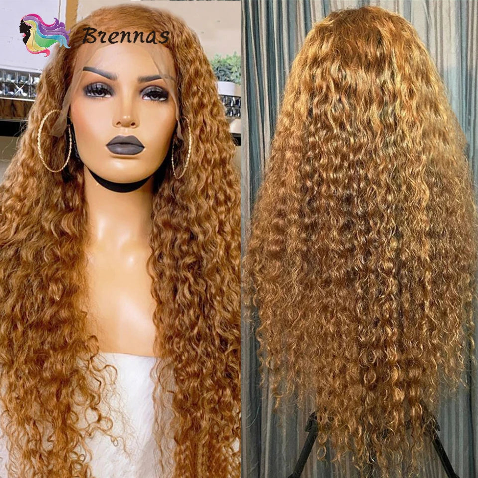 Honey Blonde Deep Curly Lace Front Wig Brown Kinky Curly Human Hair 13x4 Brazilian Lace Frontal Wigs For Black Women Density 180