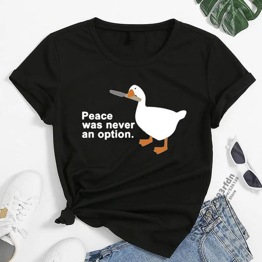 Peace Was Never An Option Kawaii Funny Print Women T Shirt Cool Street T-Shirt Soft Breathable Tee Clothes Vintage O-Neck Tshirt