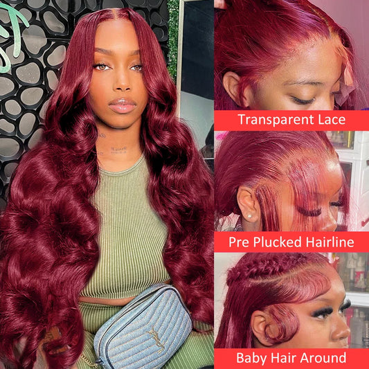 250 Density 99J Burgundy 13x4 13X6 HD Body Wave Lace Front Human Hair Wig 30 32 Inch Red Colored Frontal Wigs for Women