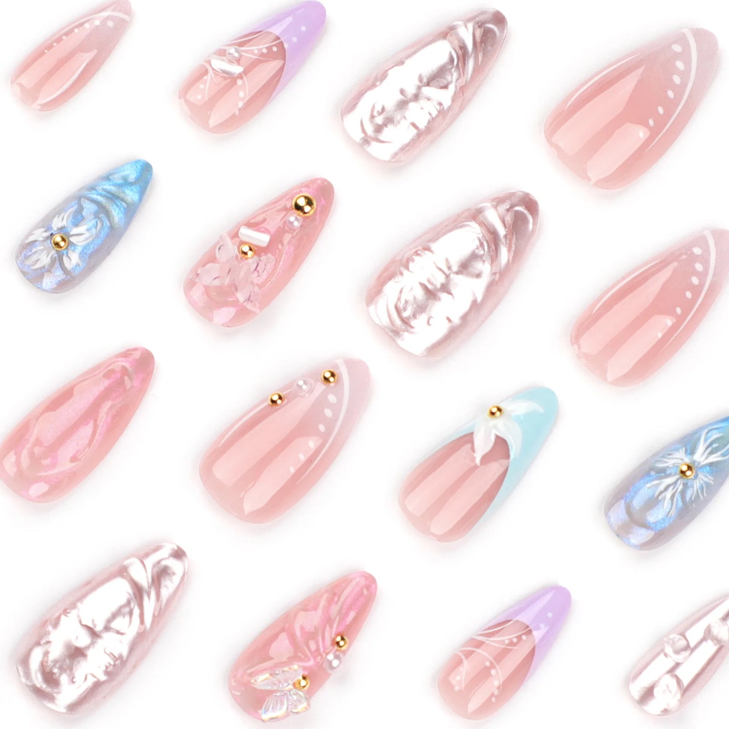 24pcs 3D Flower Fake Nail Patch French Almond Summer Sea Shell Decor False Nail Full Cover Wearable Press on Nails Tips for Girl