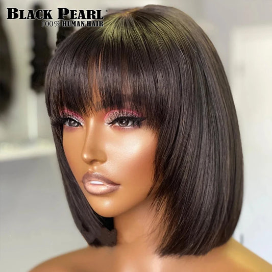 Straight Human Hair Wigs With Bangs 180 % Density Brazilian Human Hair Wigs for Women Machine Made Bob Wigs  Brazilian Remy Hair